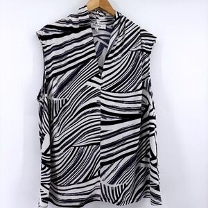 Jones Studio Separates Women 2X Navy White Abstract V-Neck Sleeveless Blouse